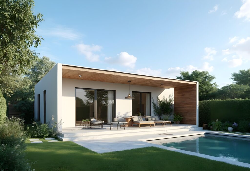 ADU Builder 32 ADU Builders. ADU with a white patio and an exterior pool