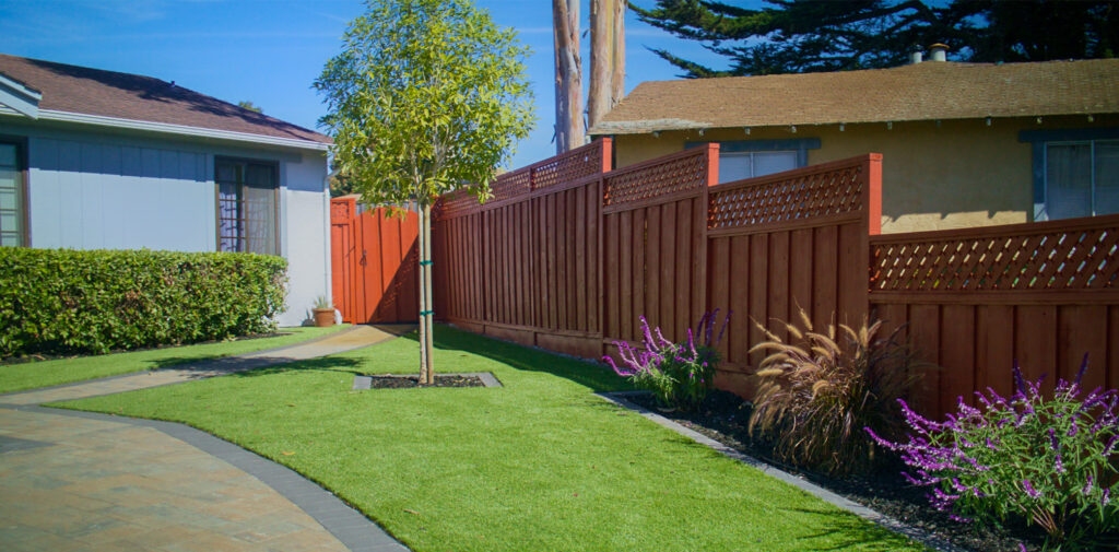 Landscape Design in Berkeley 32 a brown wooden fence and a tree. Expert landscape design in Berkeley.