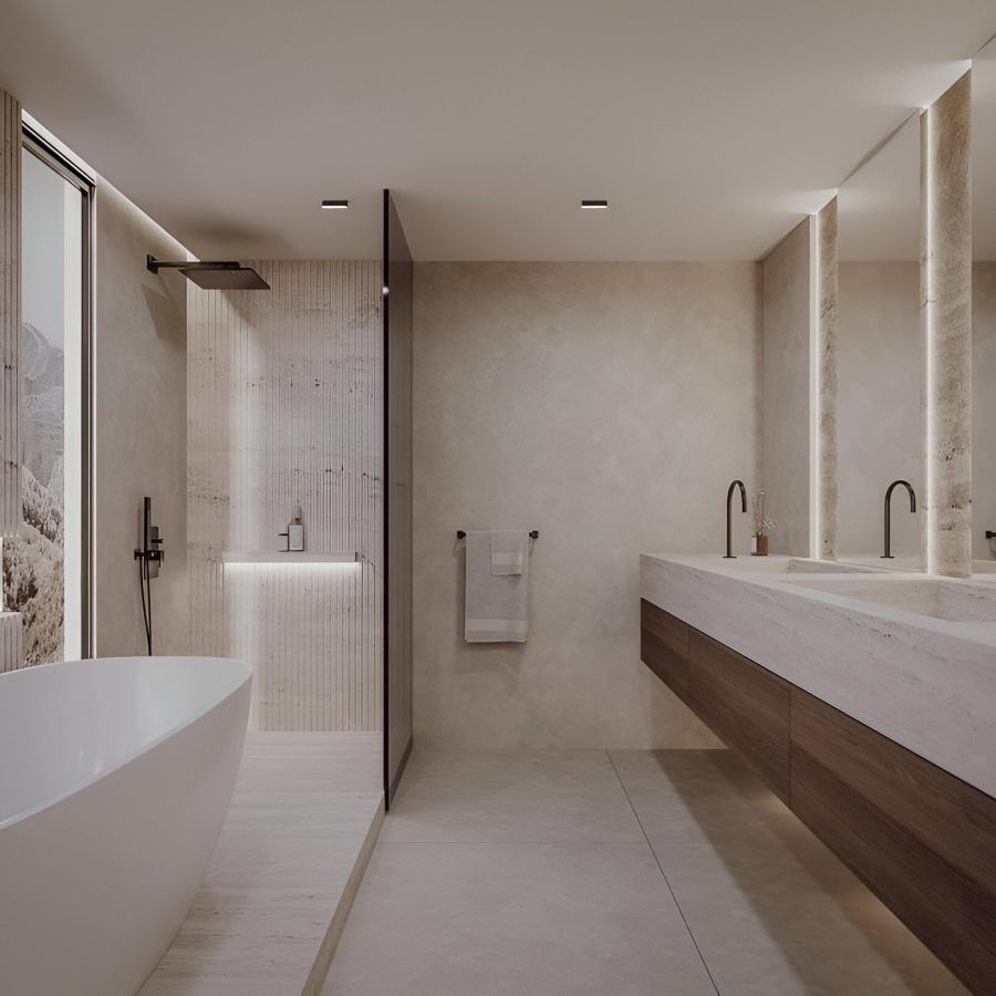 476427733_122170221128278422_1422459563628189356_n (1) Long bathroom double vanity. Luxurious bathroom with a walk-in shower and bathtub, expertly remodeled by Geico Builders. The best bathroom remodeling in Berkeley