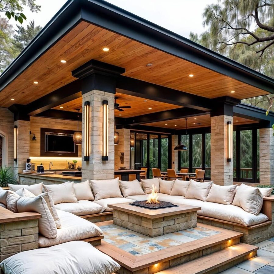 Patio area with a large couch and fire pit