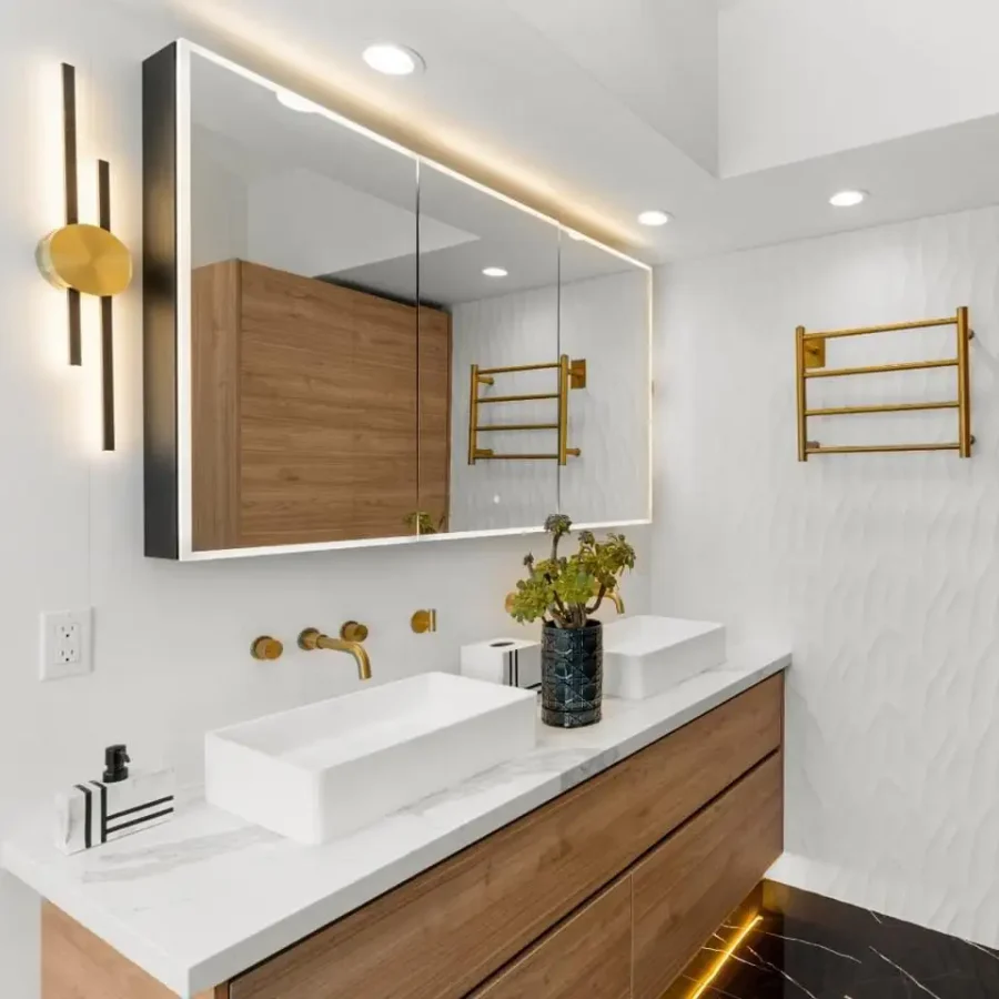Bathroom remodelers in Kensington. Beautiful wooden vanity with a white marble slab.