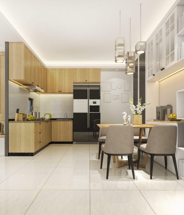 A kitchen with a table and chairs and honey colored cabinets. Expert kitchen remodeling in Oakland