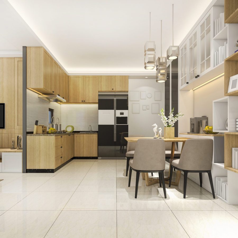 A kitchen with a table and chairs and honey colored cabinets. Expert kitchen remodeling in Oakland