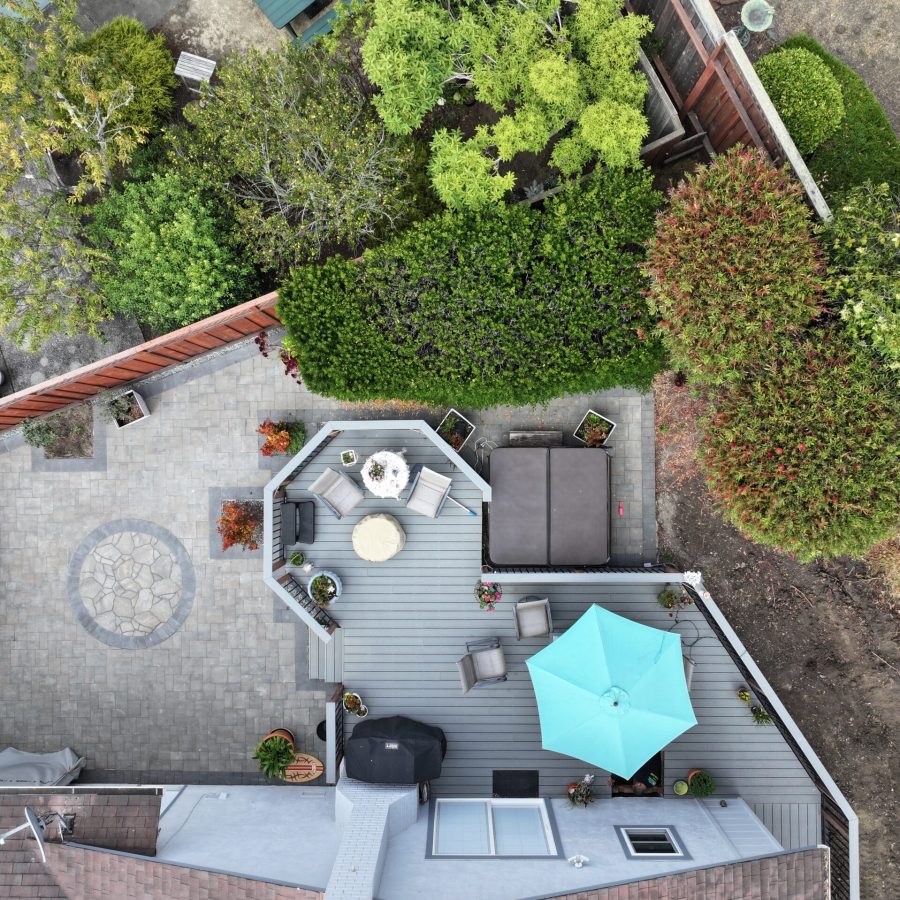 Drone Deck Shot Expert home remodeling in Pinole. Birds eye view of a patio