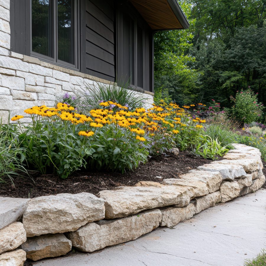 charming garden with colorful flowers and rustic stone border custom landscape retaining wall Hayward CA