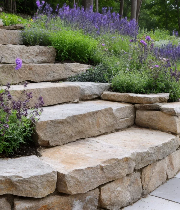 vecteezy_stone-steps-and-retaining-wall-with-lavender-and-various_59892456 Sloped yard supported by a custom retaining wall